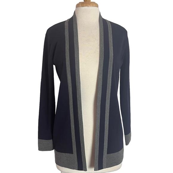 Talbots Merino Wool Open Cardigan Sweater Womens Small Petite Navy Grey Nautical - Picture 12 of 12